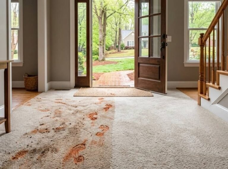Before and after carpet cleaning in Acworth Georgia showing red clay stain removal on beige entryway carpet.