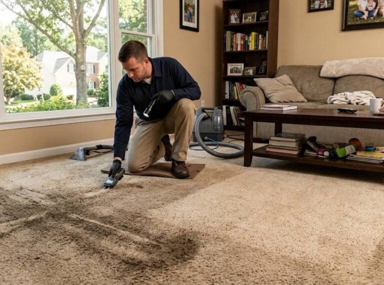 Carpet cleaning technician inspecting soiled beige carpet in a living room.