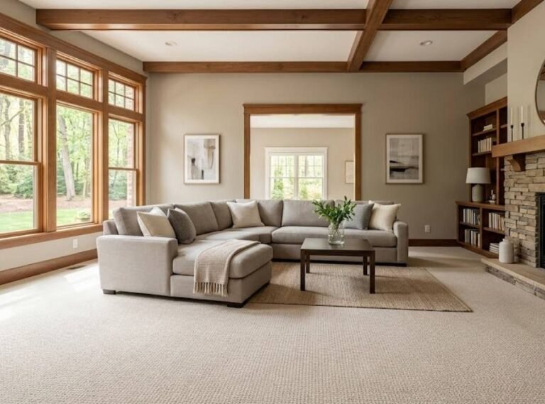 Clean beige carpet in a spacious Kennesaw, GA living room ready for carpet cleaning.