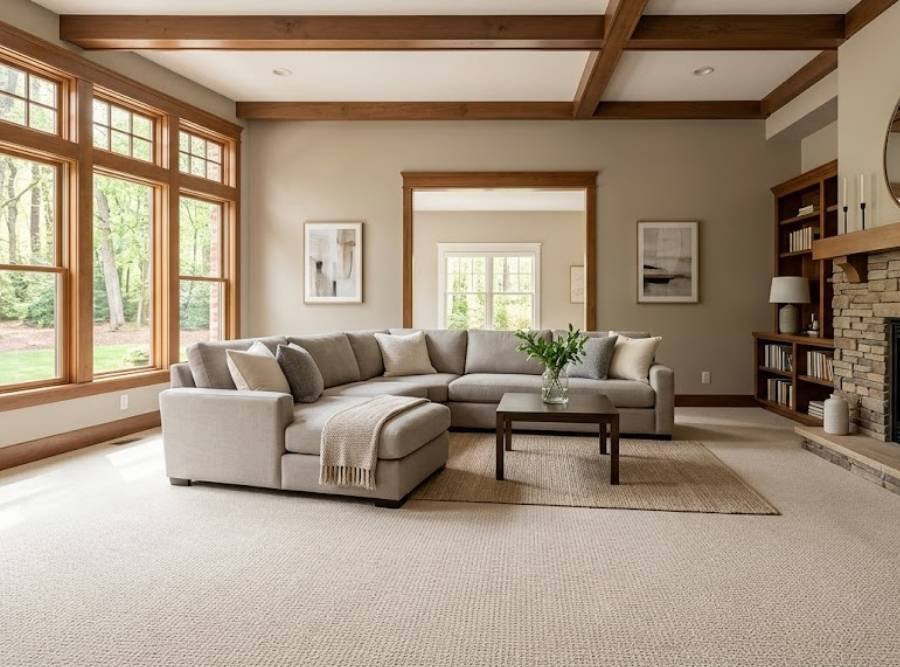Clean beige carpet in a spacious Kennesaw, GA living room ready for carpet cleaning.