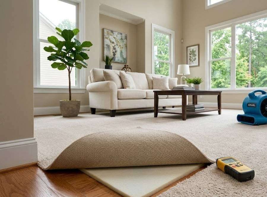 Professional restoration living room with air movers, dehumidifier, and lifted carpet in Powder Springs, GA.