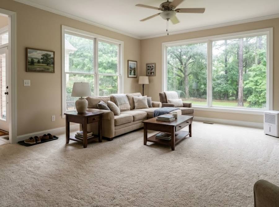 Clean living room with freshly shampooed carpet, dehumidifier, and rainy Georgia pine trees outside.