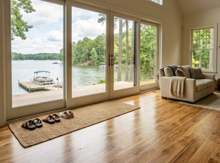 Lakefront living room in Acworth, Georgia with natural hardwood floors and private dock view.