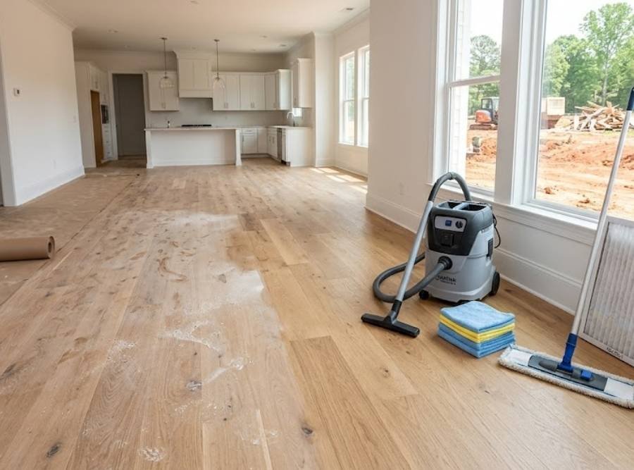 Post-construction floor cleaning in a new Acworth, Georgia home featuring hardwood floors, a HEPA vacuum, and microfiber cleaning tools.