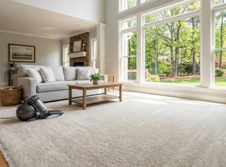 Bright living room in Kennesaw, Georgia with professionally cleaned carpet and HEPA vacuum.