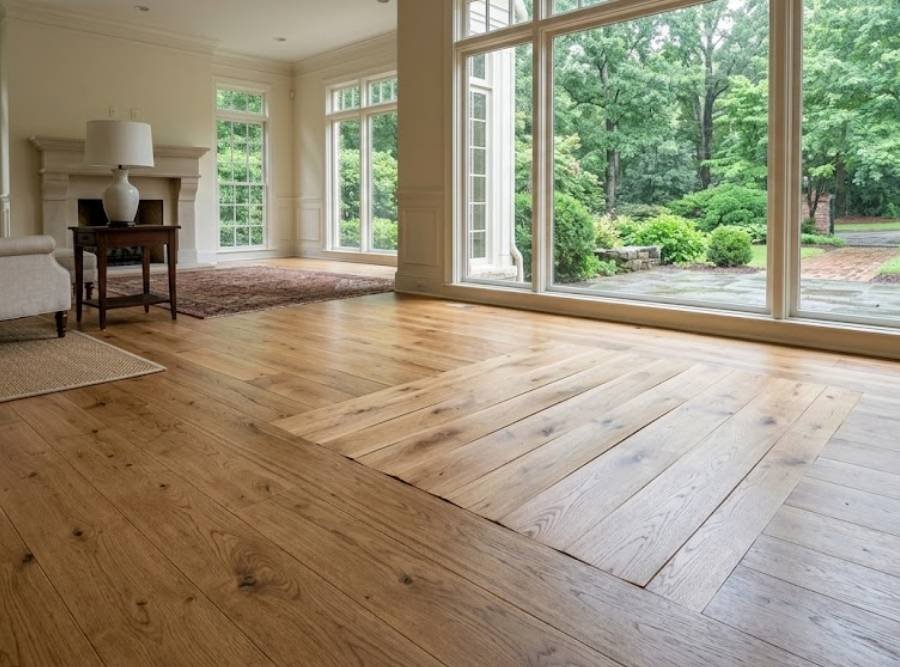 Luxurious open-plan living room with natural wide-plank oak flooring and a large glass window wall looking out to a garden.
