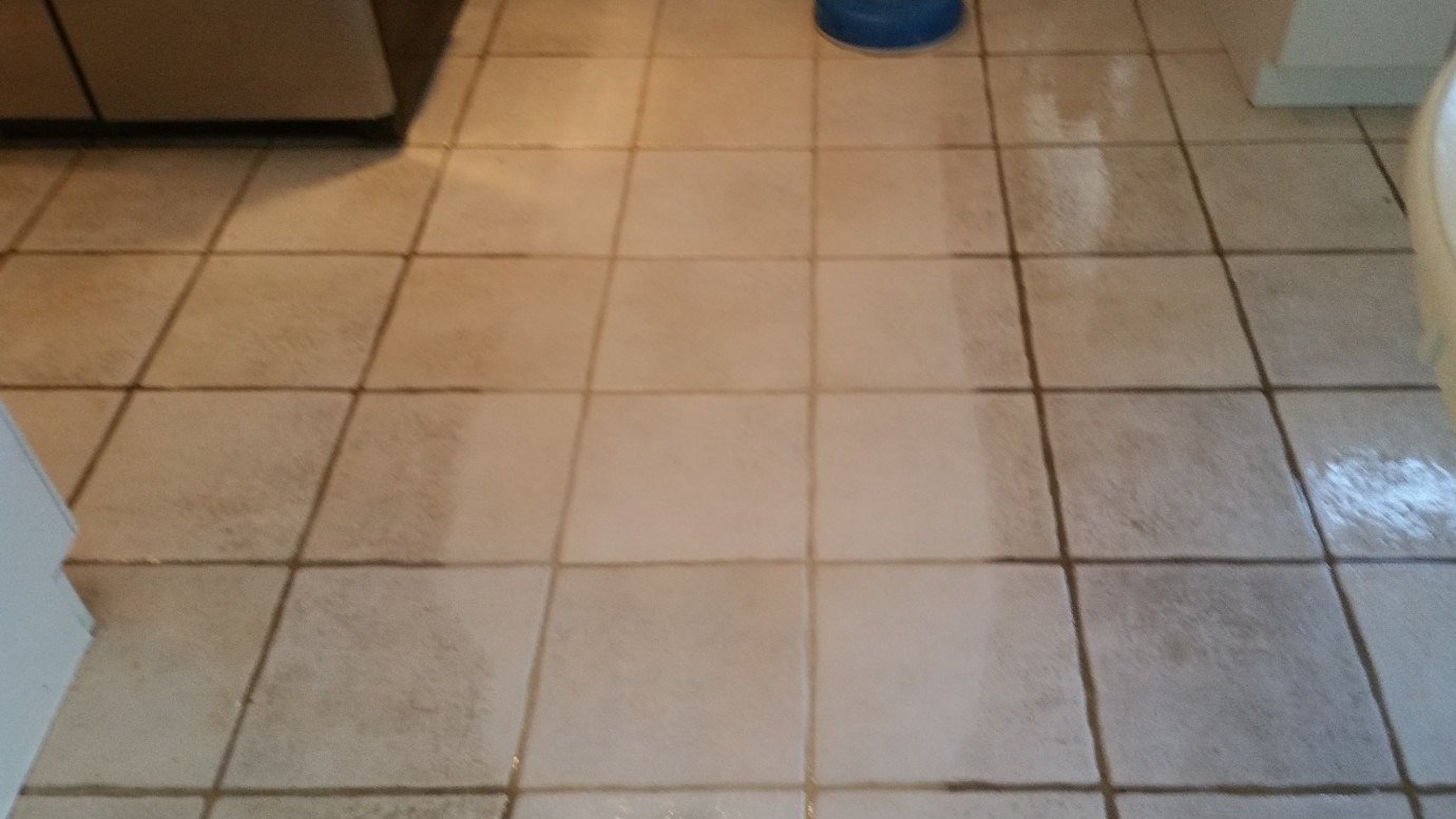 Real tile and grout cleaning results showing cleaned and uncleaned floor sections