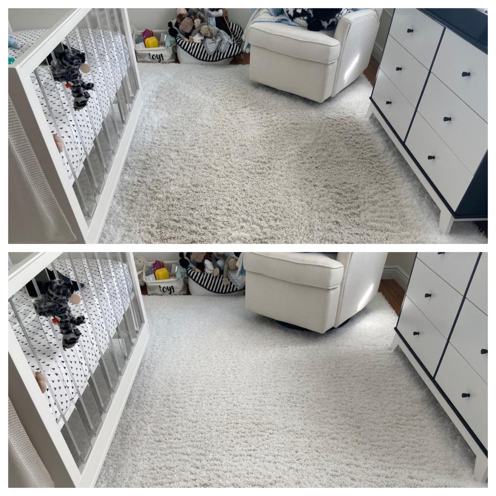 Dirty nursery carpet before cleaning and bright clean carpet after