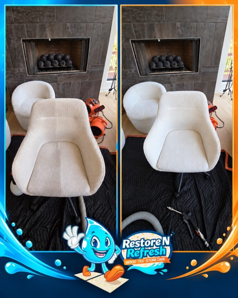 Before and after upholstery cleaning on fabric accent chairs by Restore N Refresh