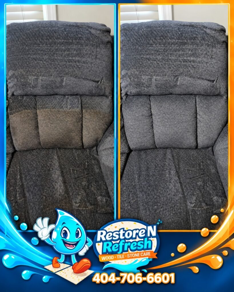Before and after upholstery cleaning on a fabric recliner by Restore N Refresh